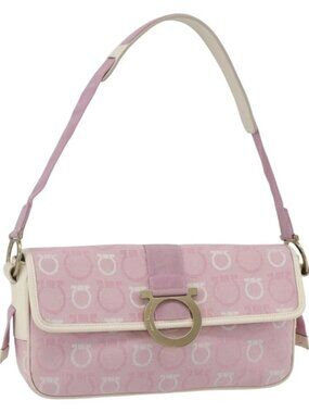 Salvatore Ferragamo Gancini Shoulder Bag Canvas Pink Gold Auth